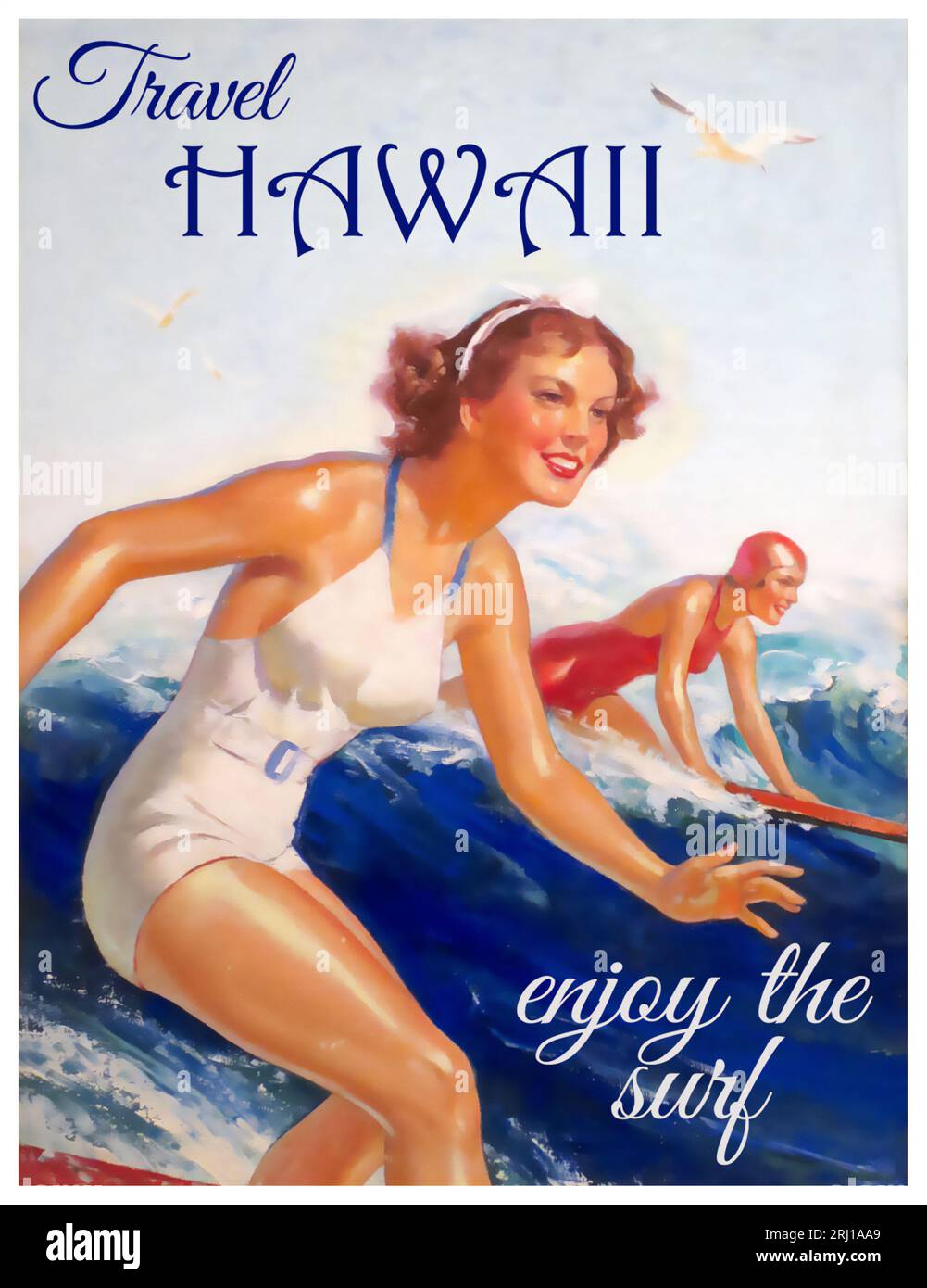 Reise Hawaii Genießen Sie das Vintage-Poster Surf aus den 1950er/60er Jahren mit zwei Surffrauen Stockfoto