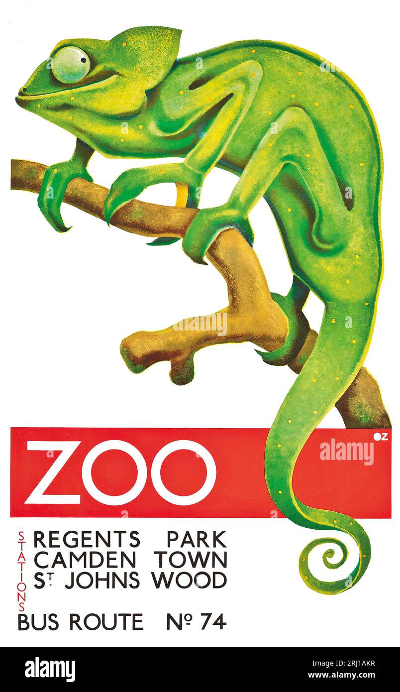 Poster des Art déco Regents Park Zoo mit einem Bild eines Chamäleons oder Geckos. Originalplakat aus den 1920er Jahren, auf dem die Nutzung von London Transport Bus propagiert wird Stockfoto