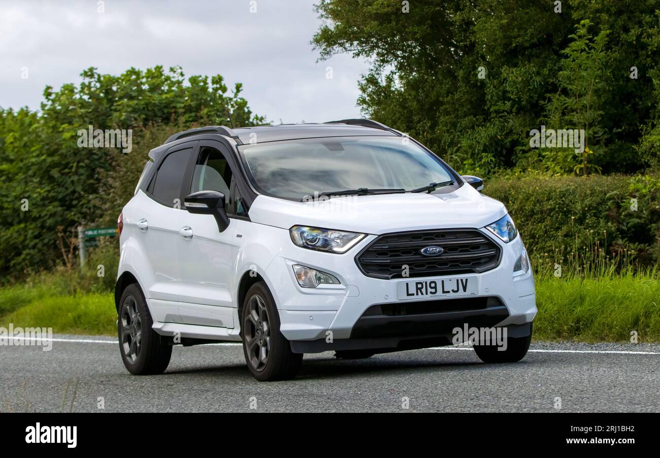 Woburn, Betten, Großbritannien - 19. August 2023: 2019 weißer Ford Ecosport-Wagen, der auf einer englischen Landstraße fährt. Stockfoto