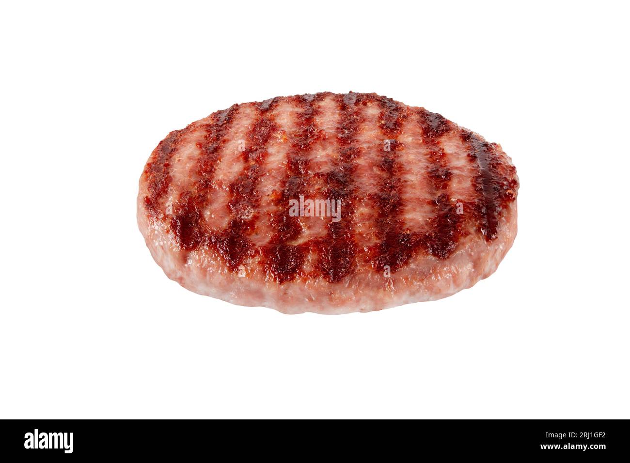 Hackfleischpatty oder Burger mit geschwärzten Grillspuren isoliert auf weiß. Hamburger Zutat. Stockfoto