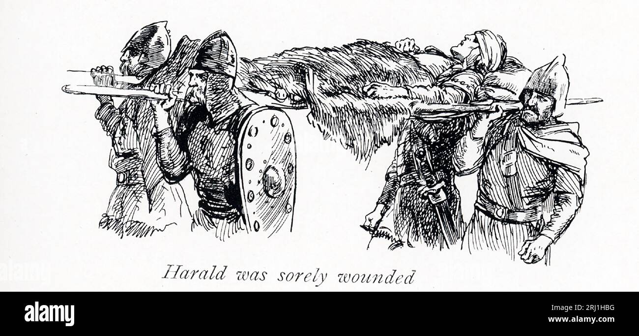 In den frühen 1900er Jahren heißt es: „Harald the Hardredy was Sorely Wounded“. Harald Sigurdsson, auch bekannt als Harald III. Von Norwegen und mit dem Beinamen Hardrada (Hardredy) in den Sagen, war von 1046 bis 1066 König von Norwegen. Zudem beanspruchte er erfolglos sowohl den dänischen Thron bis 1064 als auch den englischen Thron 1066. Die Schlacht von Stiklestad verlief für die Halbbrüder Olaf und Harald nicht gut. OLAF wurde getötet, möglicherweise durch den Speer von Thorir Hund, und Harald wurde schwer verwundet. Die Leiche von OLAF wurde heimlich weggenommen, um begraben zu werden, und Harald gelang es, zu entkommen. Stockfoto