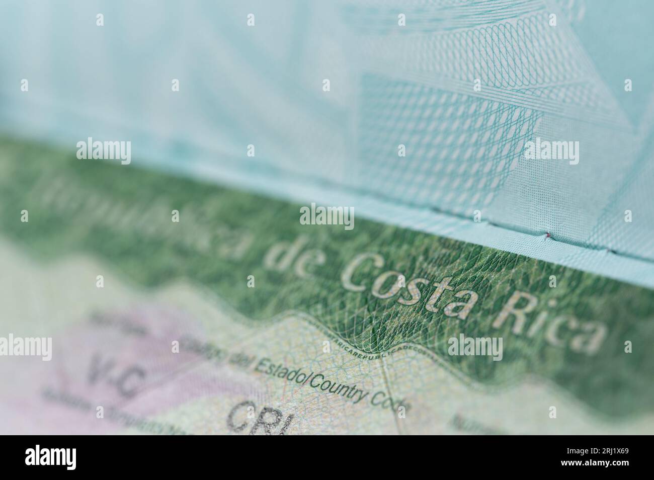 Reise costa rica Visum im Reisepass Makro Nahansicht Stockfoto