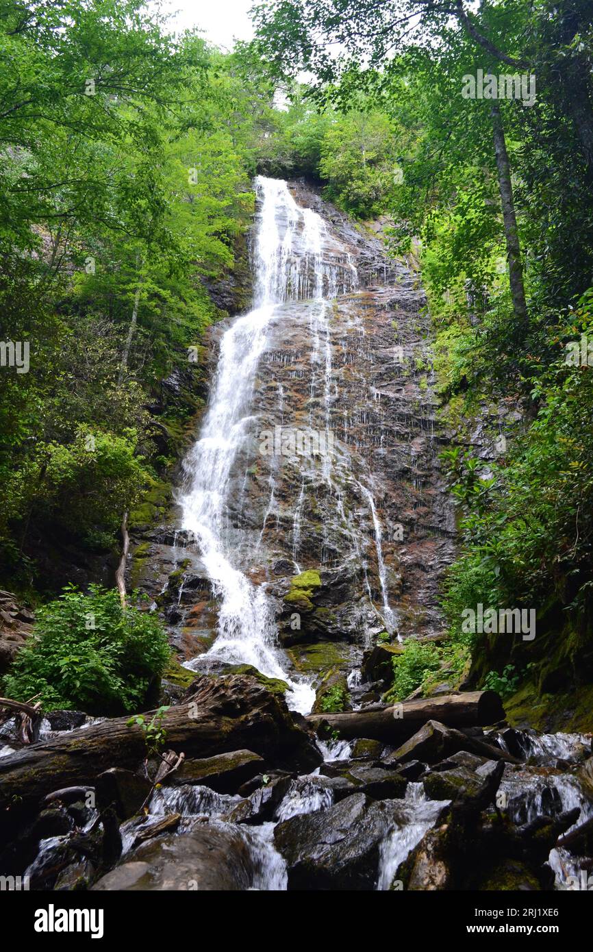Majestätische Mingo Falls: North Carolinas Naturwunder. Hoch aufragender Wasserfall umgeben von üppigem Wald, ein bezaubernder Anblick. Stockfoto
