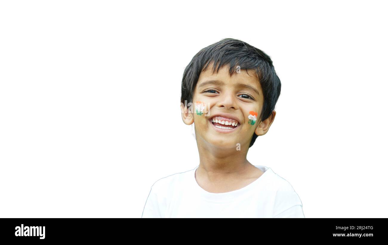 Fröhlicher indianer mit indischer Nationalflagge, glücklicher Unabhängigkeitstag, 15. august, Tag der republik, Protestantismus-Konzept. Stockfoto