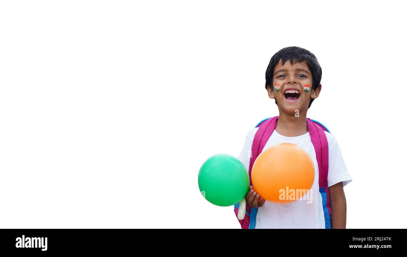 Fröhlicher indianer mit indischer Nationalflagge, glücklicher Unabhängigkeitstag, 15. august, Tag der republik, Protestantismus-Konzept. Stockfoto