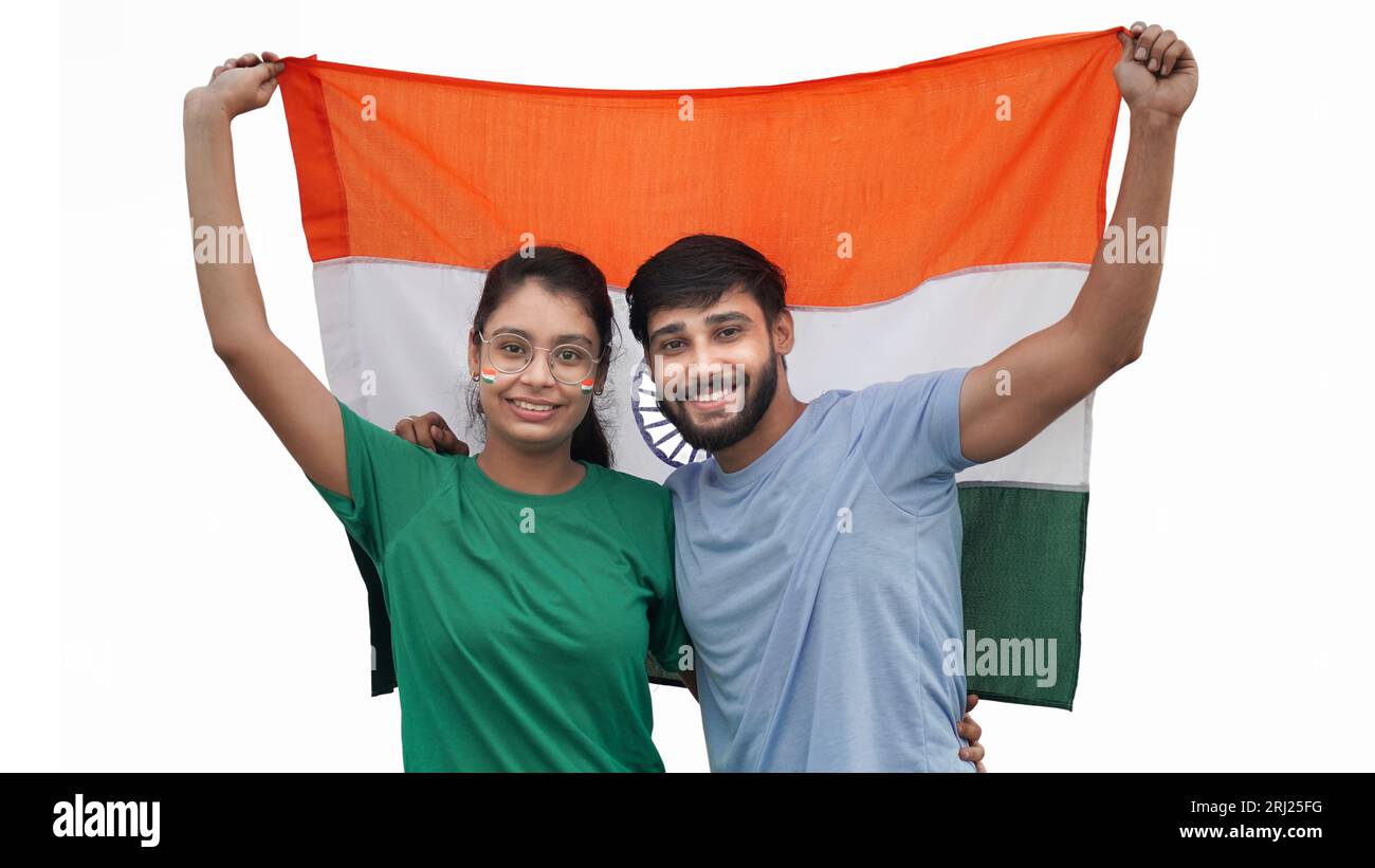 Fröhlicher indianer mit indischer Nationalflagge, glücklicher Unabhängigkeitstag, 15. august, Tag der republik, Protestantismus-Konzept. Stockfoto