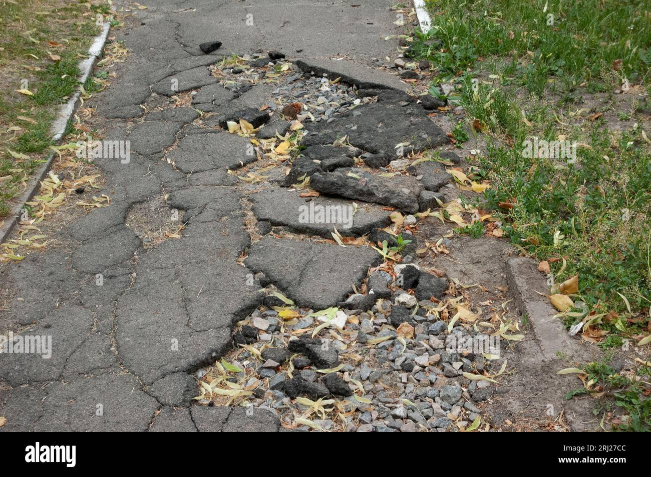 Eine kaputte Asphaltstraße im grünen Gras Stockfoto