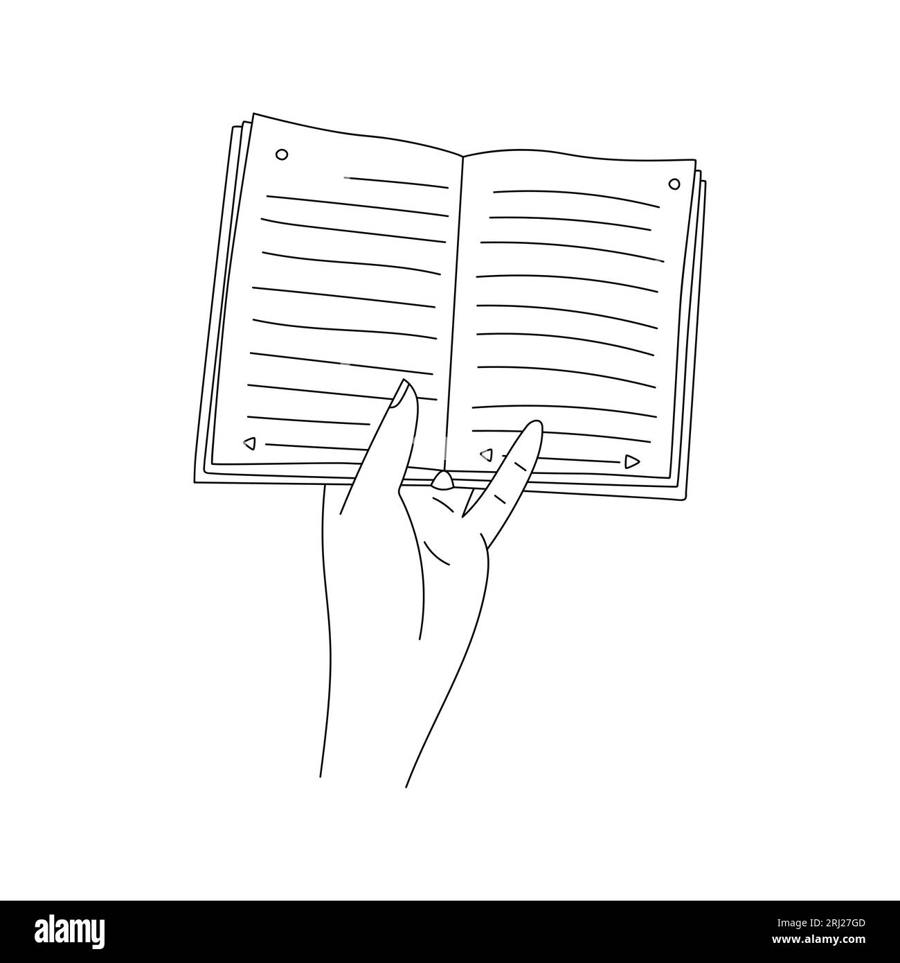 Aus Erster-Person-Perspektive. Eine Hand, die ein offenes Papierbuch hält. Der Prozess des Lesens, Studierens. Schwarz-weiß-Doodle-Kontur-Vektor-Illustration isol Stock Vektor