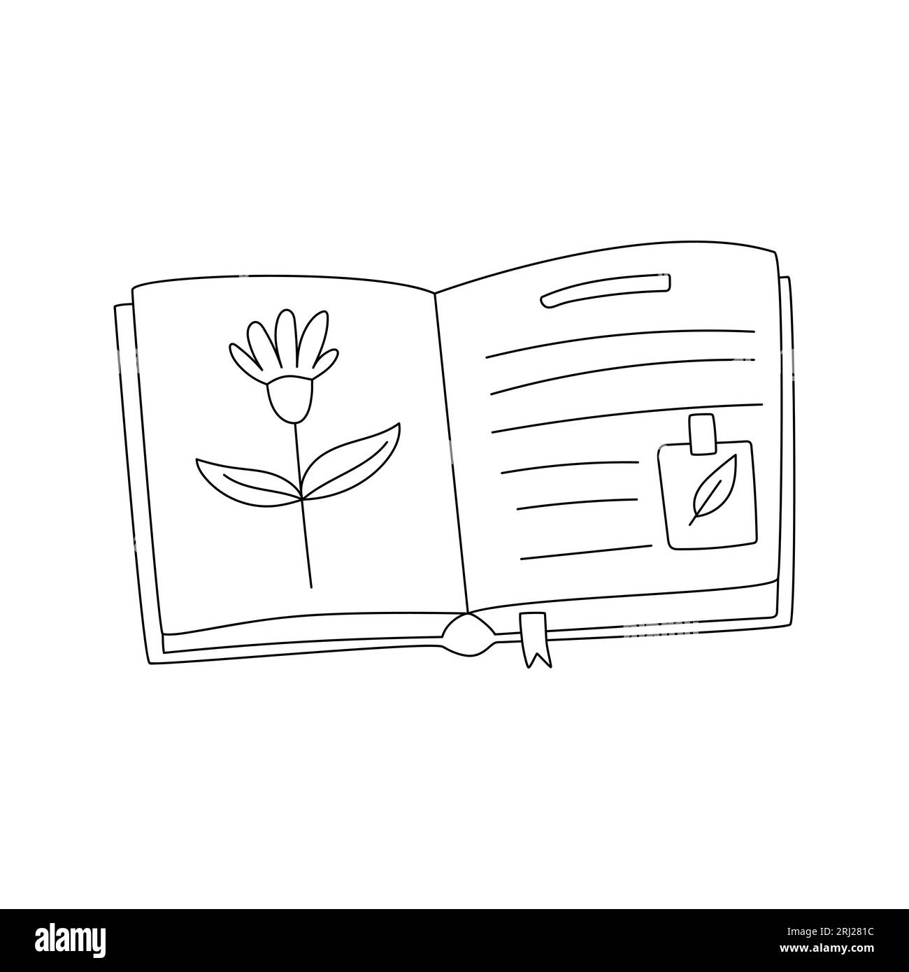 Von Hand gezeichnetes Herbarium mit einer Blume, einem Aufkleber und einem Lesezeichen. Enzyklopädie, offenes Buch mit botanischer Illustration. Schwarz-weiß-Konturvektor d Stock Vektor