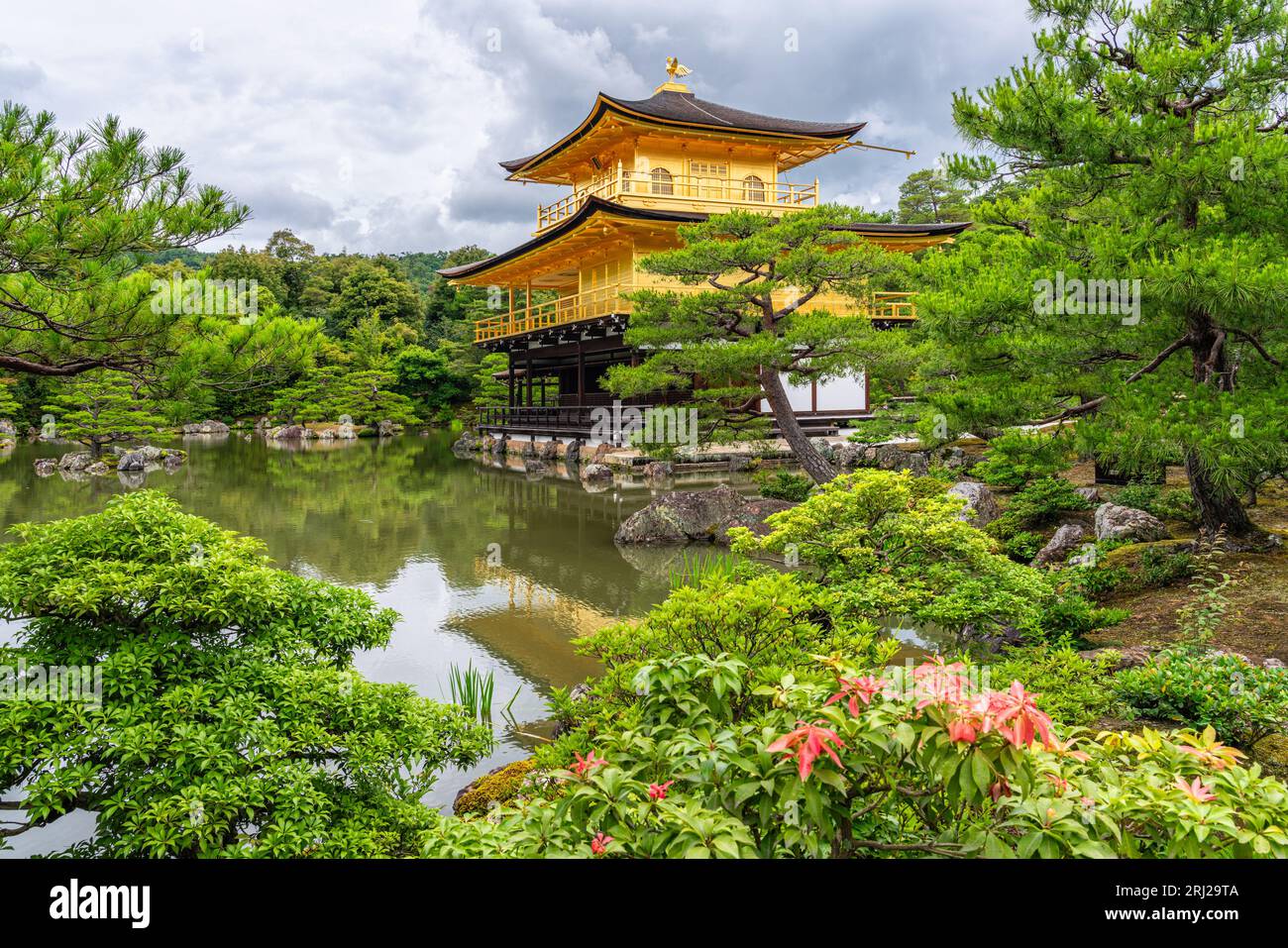Malerischer Anblick mit dem herrlichen goldenen Pavillon im Kinkaku-JI-Tempel in Kyoto. Japan. Stockfoto