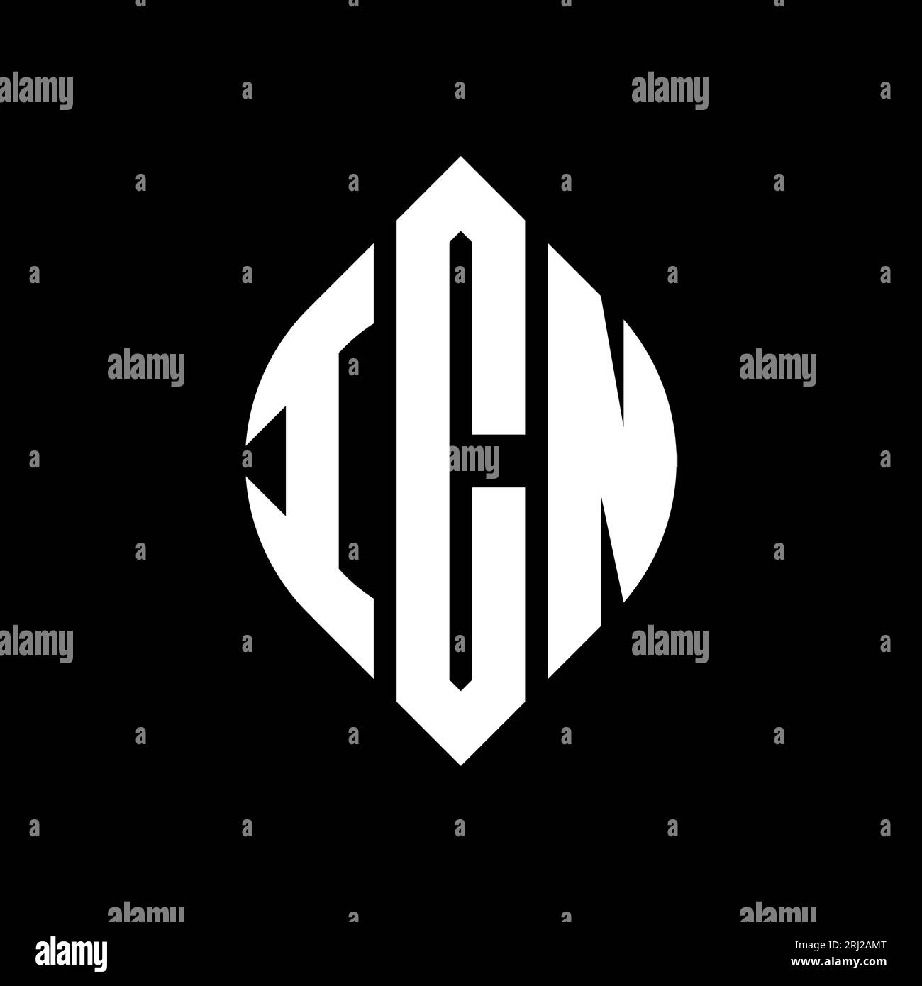 ICN-Logo mit kreisförmigem Buchstaben und Ellipsenform. ICN-Ellipsenbuchstaben im typografischen Stil. Die drei Initialen bilden ein kreisförmiges Logo. ICN-CI Stock Vektor