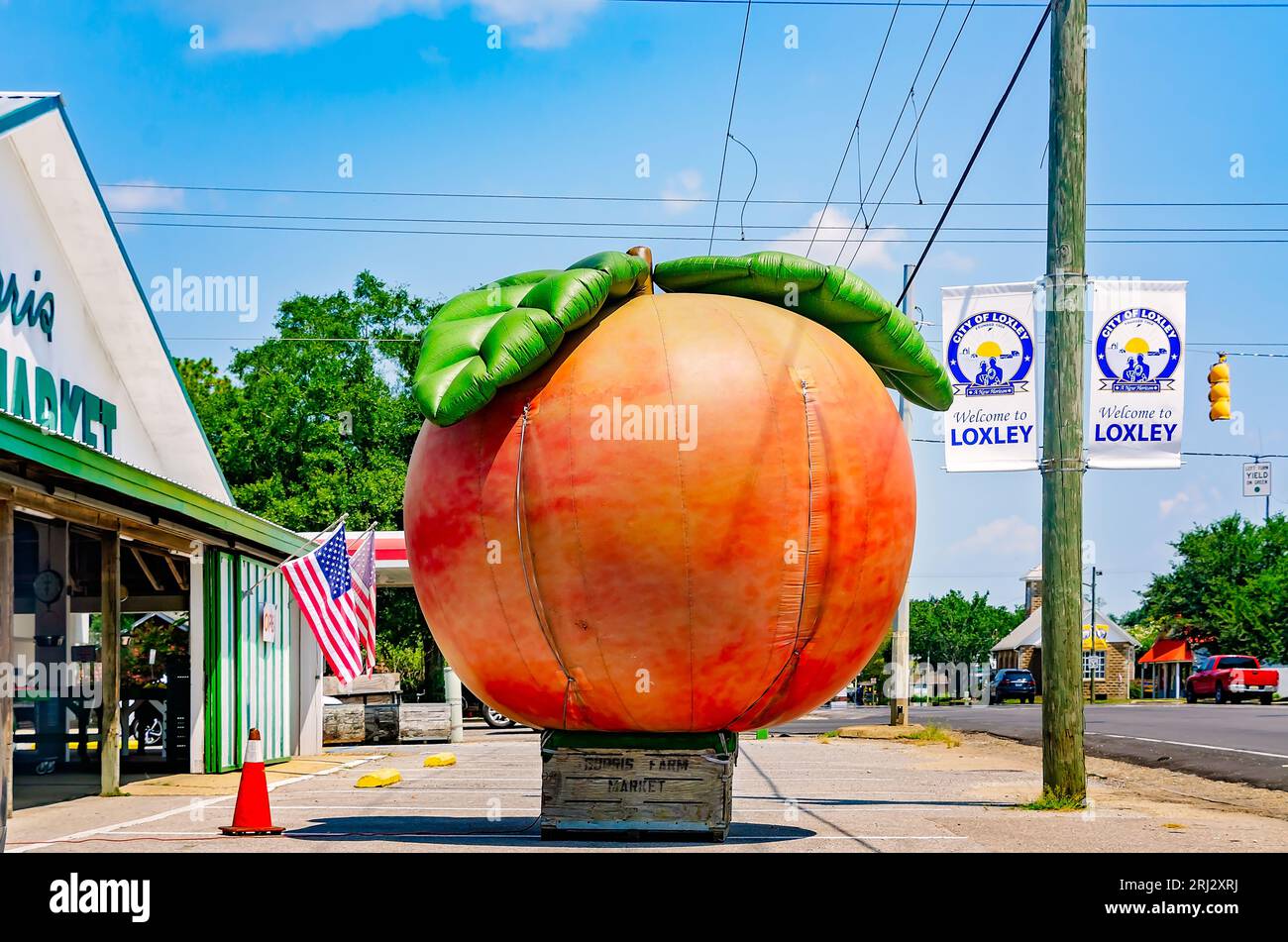 Ein riesiger aufblasbarer Pfirsich steht vor dem Burris Farm Market, 19. August 2023, in Loxley, Alabama. Der Familienmarkt wurde 1984 eröffnet. Stockfoto