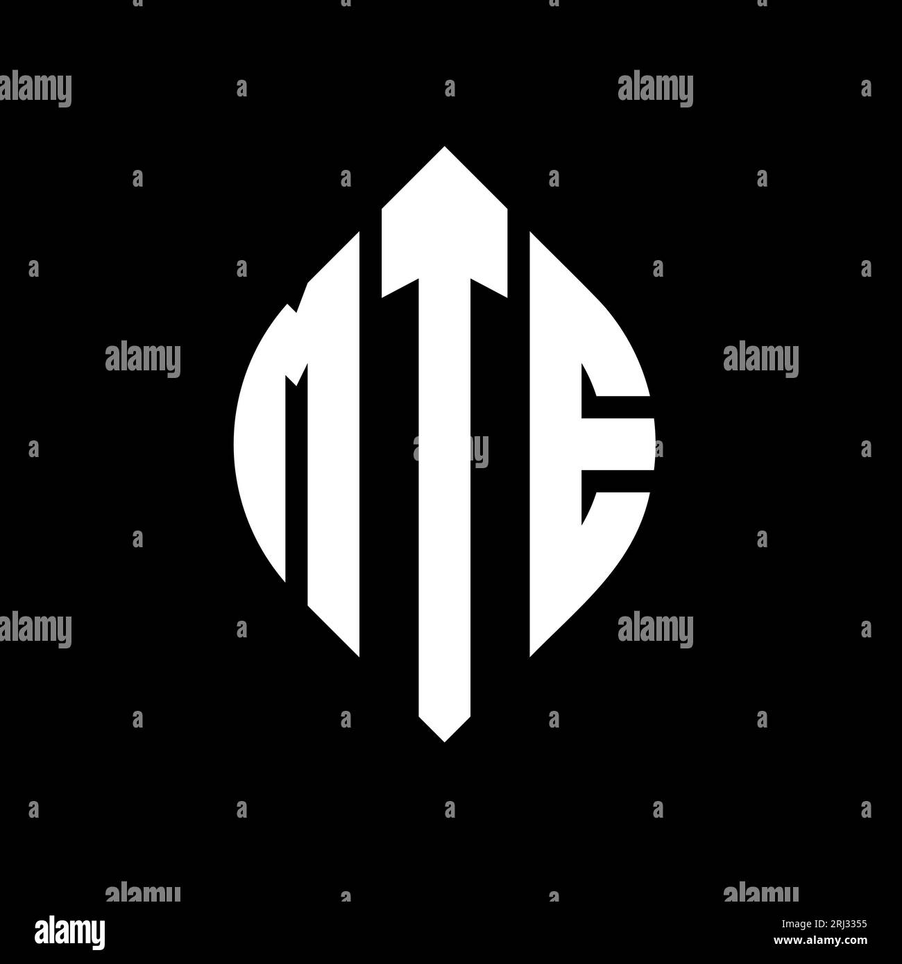 MTE-Logo mit kreisförmigem Buchstaben und Ellipsenform. MTE-Ellipsenbuchstaben im typografischen Stil. Die drei Initialen bilden ein kreisförmiges Logo. MTE CI Stock Vektor