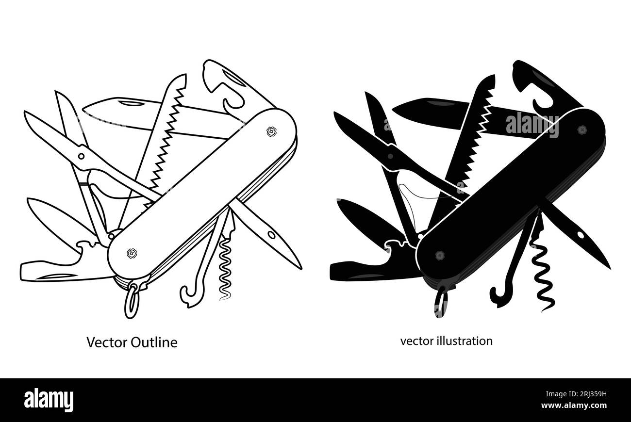 Taschenmesser Symbol, Kontursymbol, Multi-Tool-Messer der Vektorillustration isoliert auf weißem Hintergrund. Stock Vektor