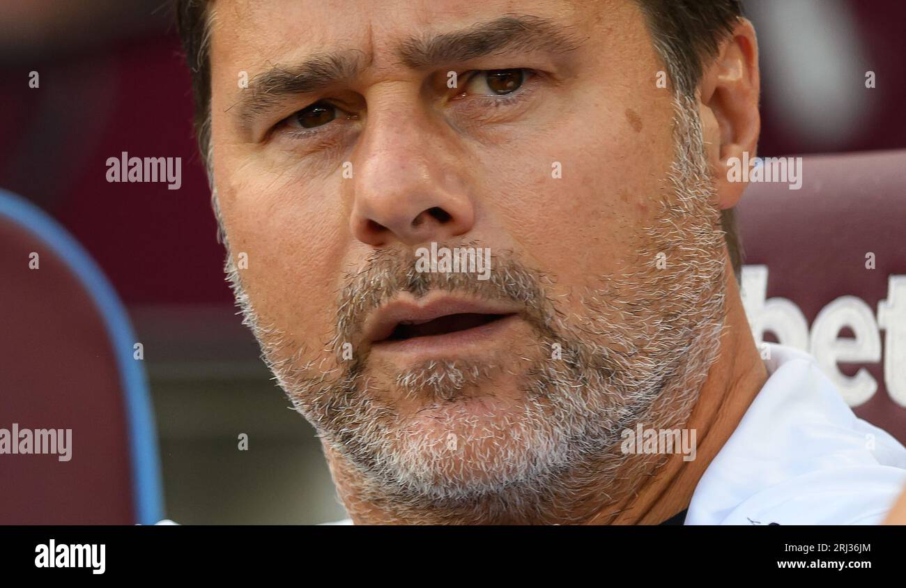 London, Großbritannien. August 2023 West Ham United gegen Chelsea - Premier League - London Stadium. Chelsea Manager Mauricio Pochettino während des Spiels der Premier League im London Stadium. Bildnachweis: Mark Pain / Alamy Live News Stockfoto