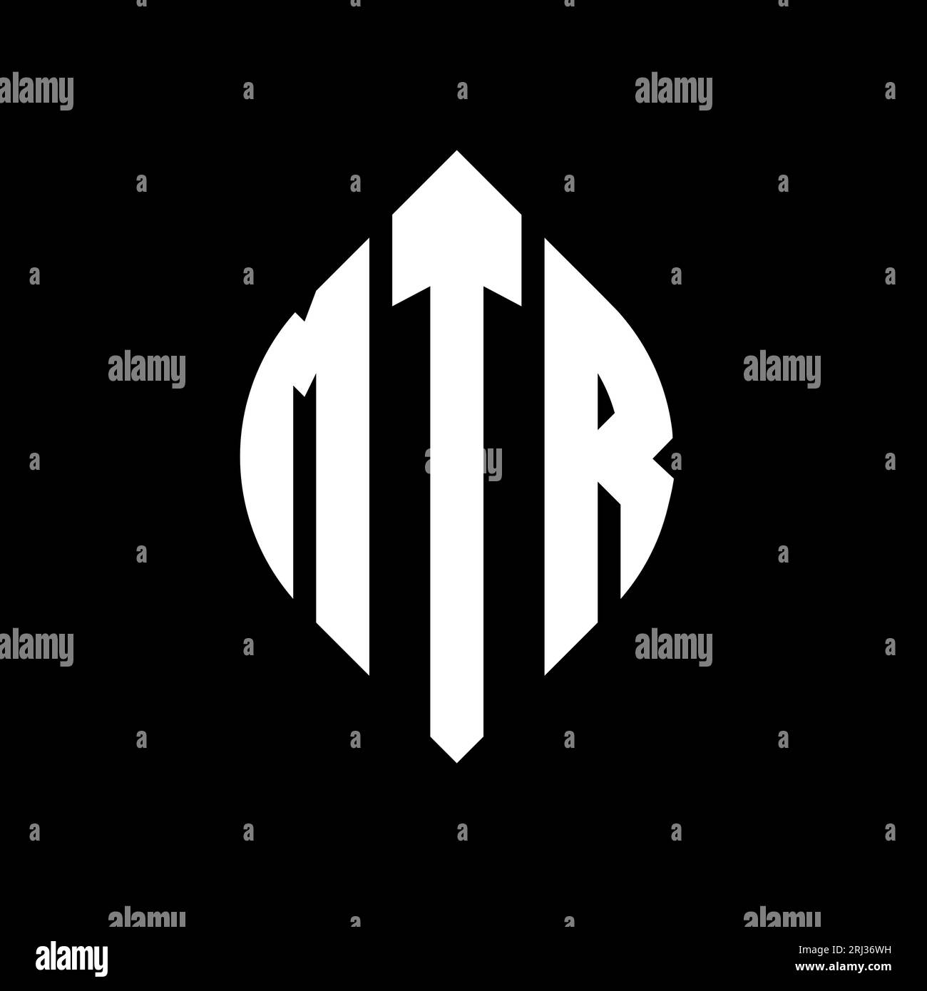 MTR-Logo mit kreisförmigem Buchstaben und Ellipsenform. MTR-Ellipsenbuchstaben im typografischen Stil. Die drei Initialen bilden ein kreisförmiges Logo. MTR CI Stock Vektor
