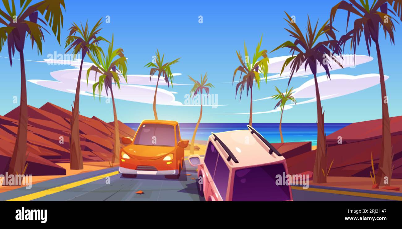 Cartoon-Illustration: Straßenverkehr in der Wüste zum Meer. Felsenschlucht und Küstenlandschaft für den Curve Highway. Sonniger Roadtrip im Westen Stock Vektor