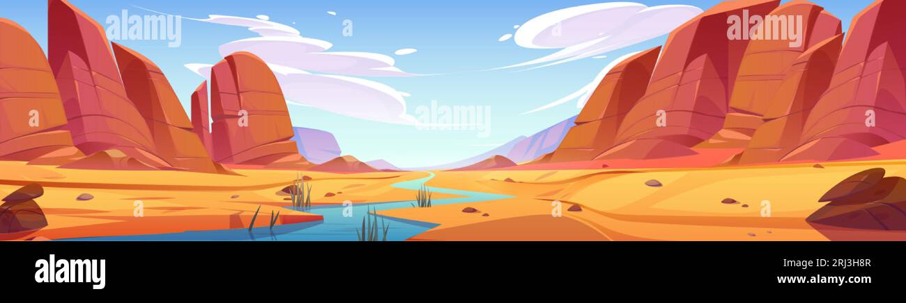 River in Rock Canyon Wüste Cartoon Landschaft Hintergrund. Trockenes Sandland und heiße Berge im Nationalpark utah mit Felsbrocken. Alte Klippenforma Stock Vektor