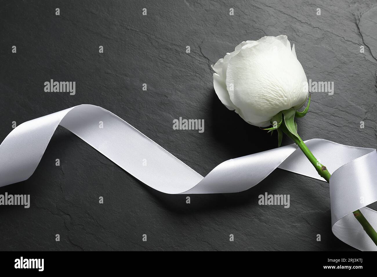 Weiße Rose und Band auf schwarzem Tisch, Draufsicht. Beerdigungssymbole Stockfoto