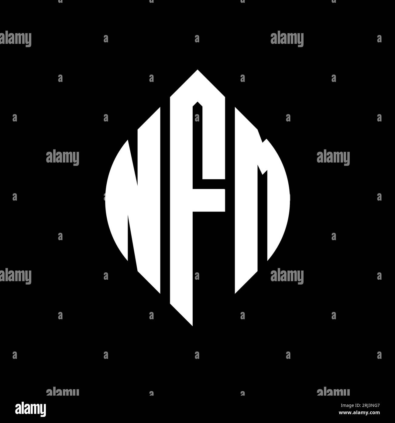 NFM-Logodesign mit kreisförmigem Buchstaben und Ellipsenform. NFM-Ellipsenbuchstaben im typografischen Stil. Die drei Initialen bilden ein kreisförmiges Logo. NFM CI Stock Vektor