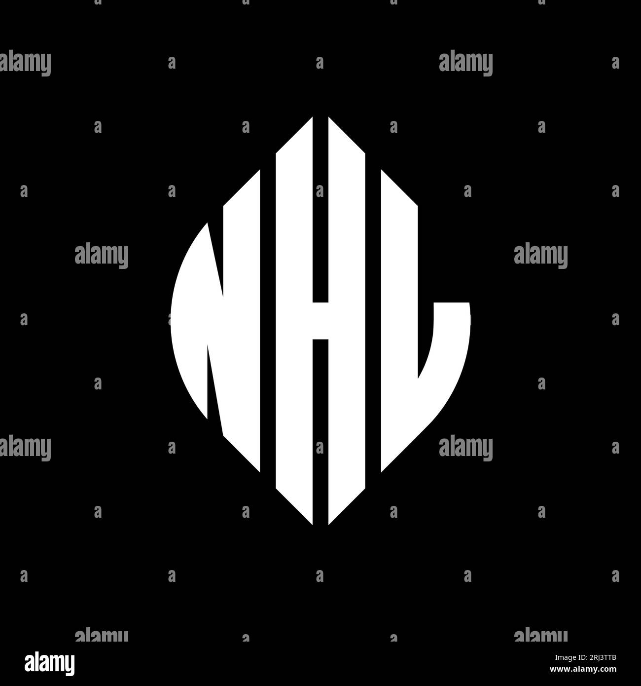 NHL-Logo mit kreisförmigem Buchstaben und Ellipsenform. NHL-Ellipsenbuchstaben im typografischen Stil. Die drei Initialen bilden ein kreisförmiges Logo. NHL CI Stock Vektor