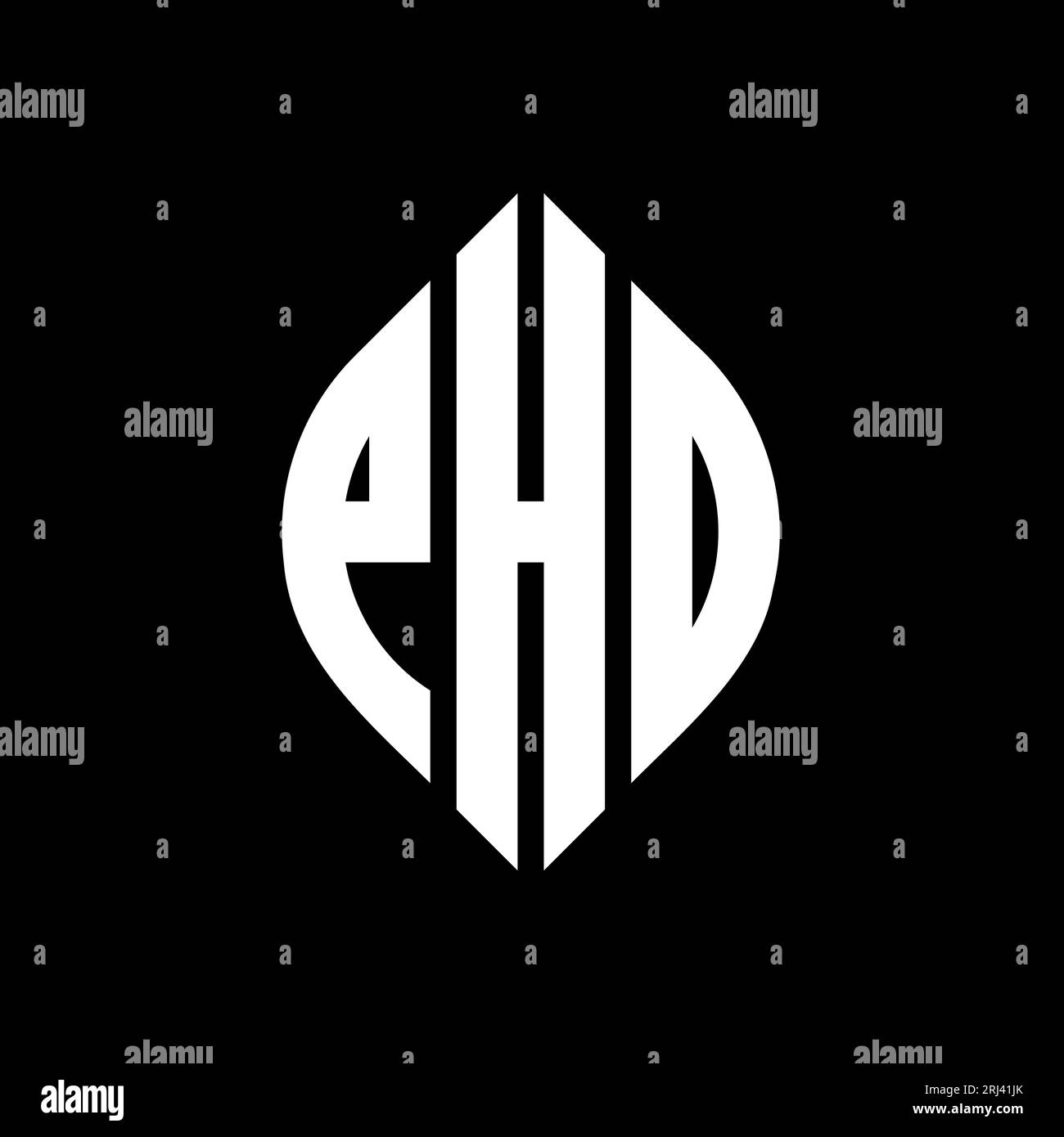 PHD-Logo mit kreisförmigem Buchstaben, Kreis- und Ellipsenform. PHD-Ellipsenbuchstaben im typografischen Stil. Die drei Initialen bilden ein kreisförmiges Logo. PHD-CI Stock Vektor