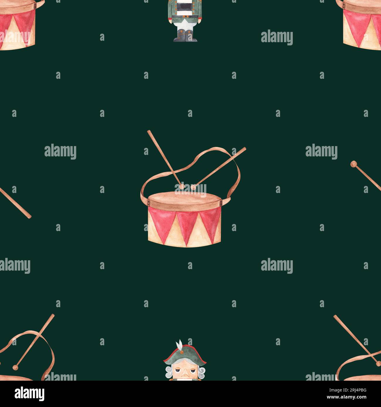 Nussknacker und Trommeln in Aquarellfarben mit nahtlosem Muster. Magisches Muster für Servietten, Tischdecken, Schlafanzüge, Bettwäsche und andere Textilien Stockfoto