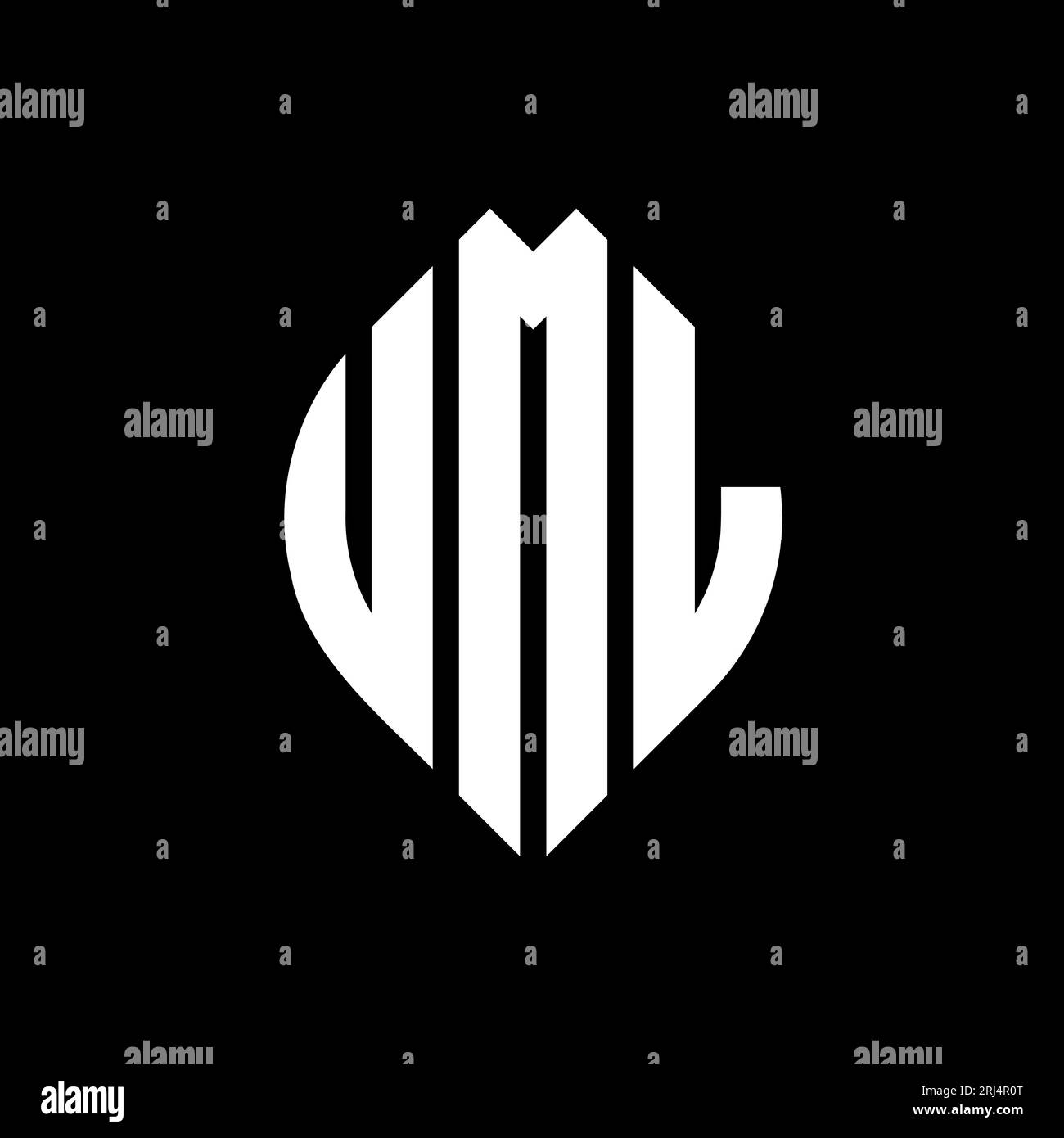 UML-Logo mit kreisförmigem Buchstaben und Ellipsenform. UML-Ellipsenbuchstaben im typografischen Stil. Die drei Initialen bilden ein kreisförmiges Logo. UML-CI Stock Vektor