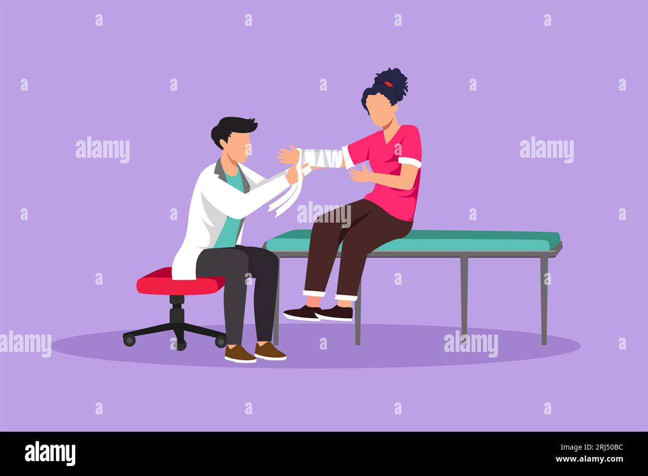 Grafische Flachzeichnung Doktor Verbände Patientenfrau Hand. Erste-Hilfe-Notfallhände beim Verbandsverband in der Traumatologischen Klinik. Gesundheitsfürsorge Ho Stockfoto