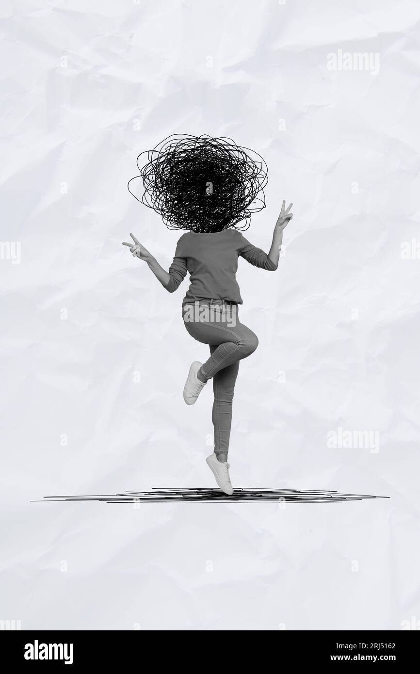 Vertikale Collage-Vorlage der kopflosen Person Frau, die springt und V-Symbol-Zeichen zeigt surreale Kritzelgedanken isoliert auf weißem Hintergrund Stockfoto