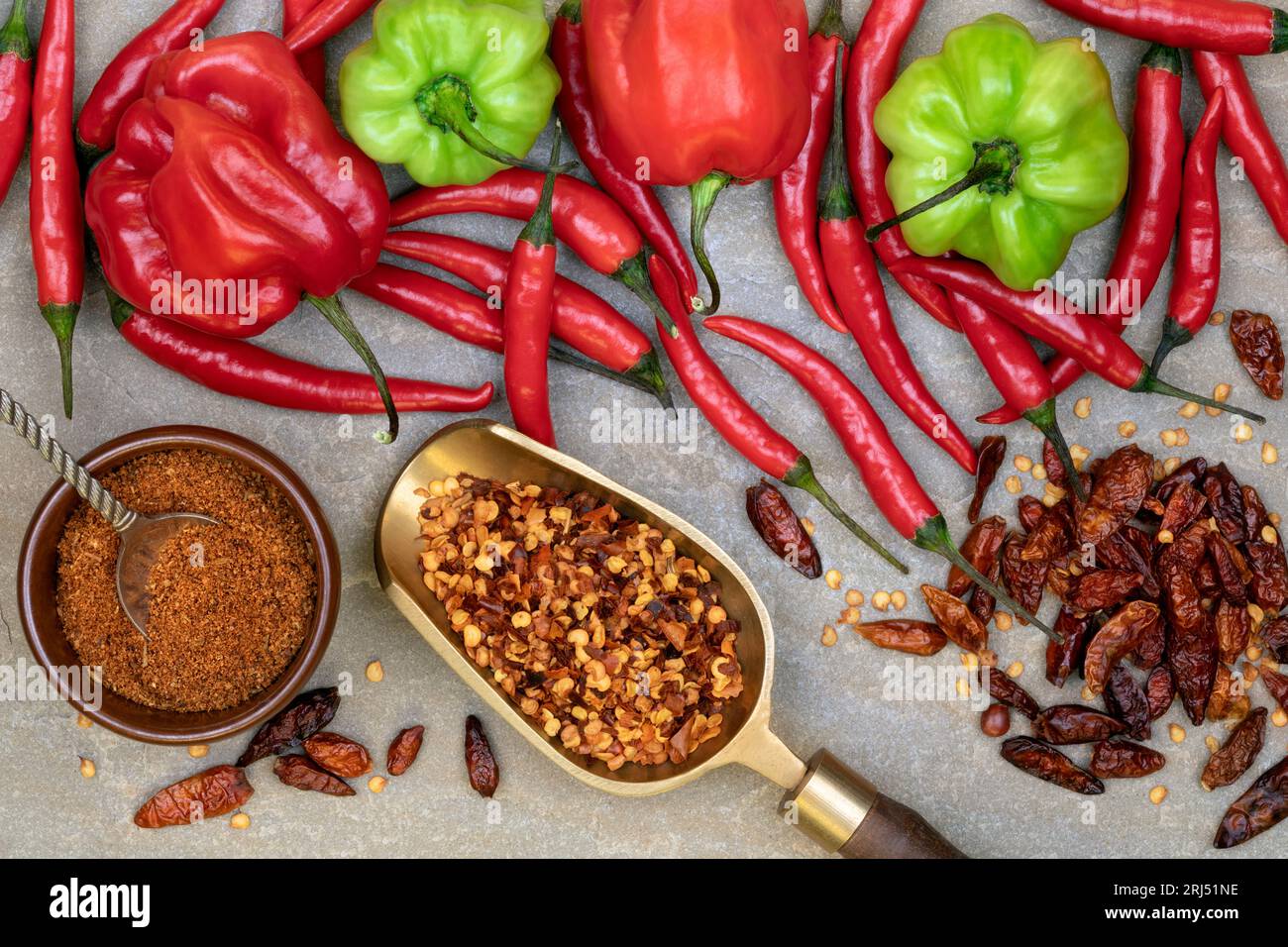 Frische, getrocknete und gemahlene Chilischoten – heiß und scharf Stockfoto