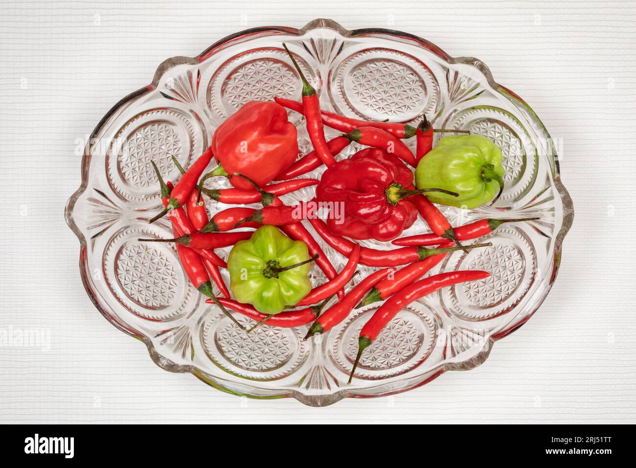 Heiße und würzige Scotch Bonnet und Thai Chili Peppers Stockfoto