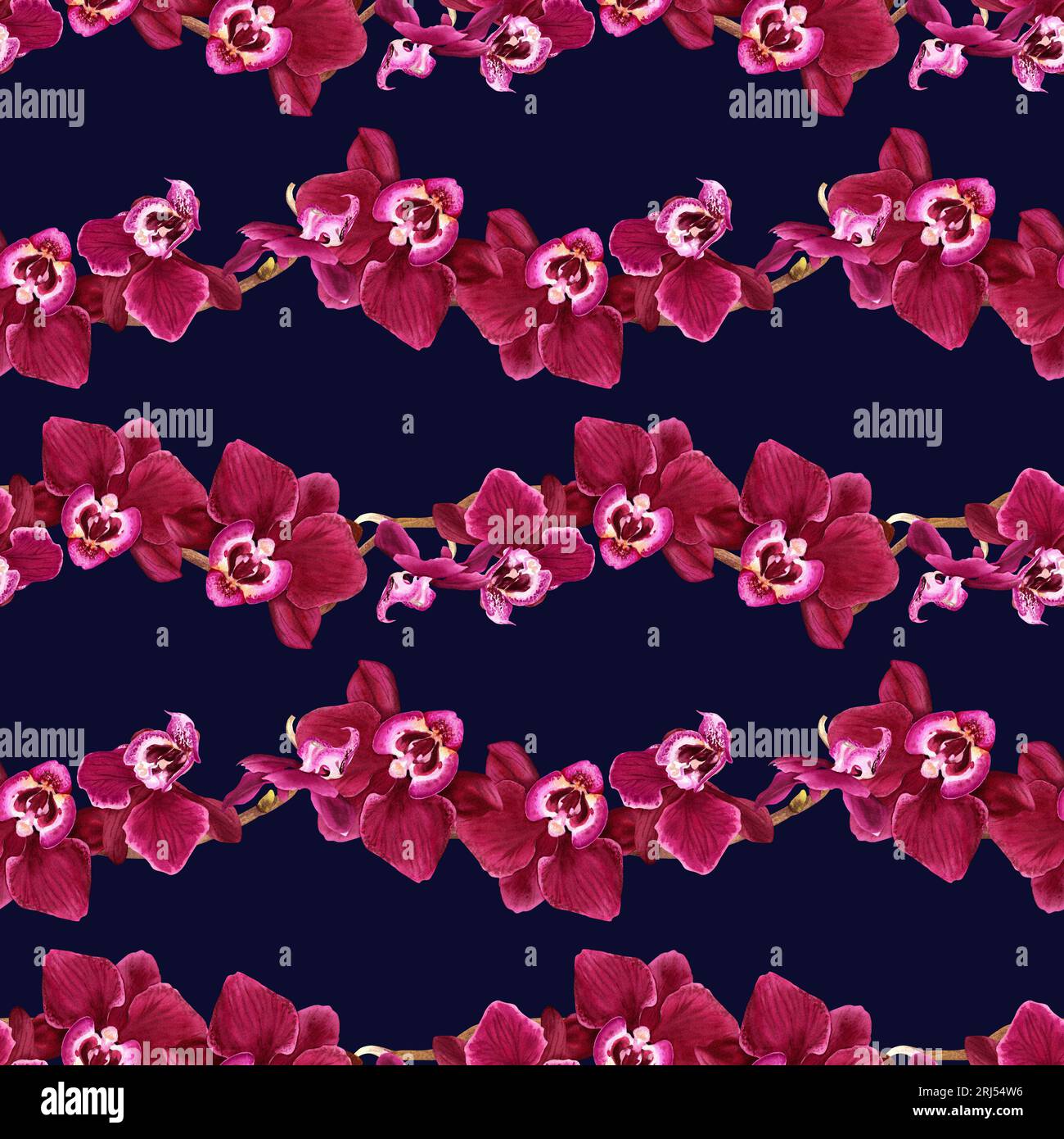 Nahtloses Aquarellmuster mit tropischem Orchideenzweig in Blüten. Zum Einwickeln, Tapeten, Stoff, Textil Stockfoto