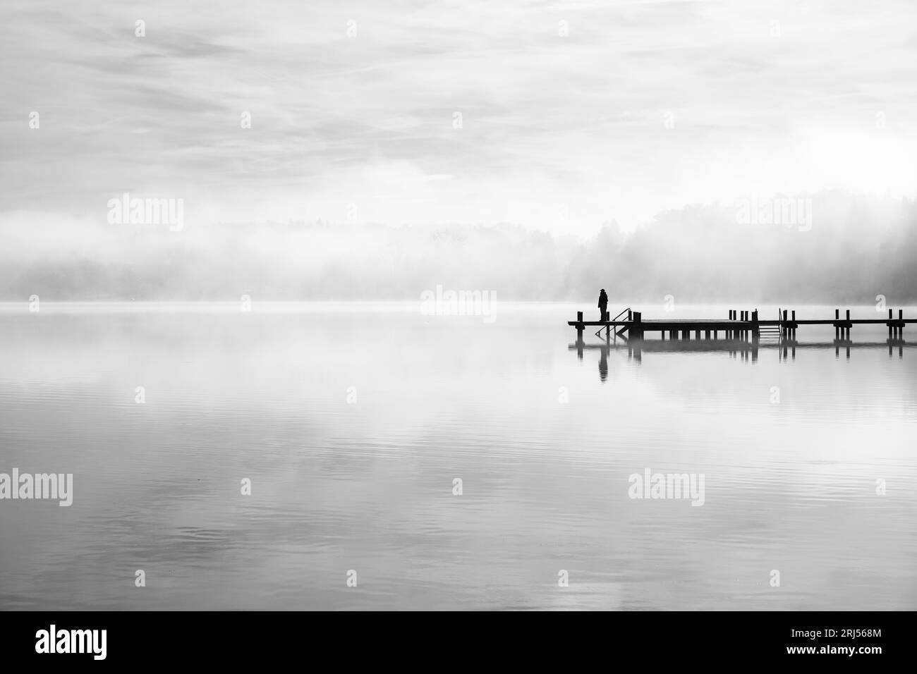 Steg am See im Nebel. Nebelhafte Landschaft am Morgen. Idyllische Natur am Wasser. Erholung und Entspannung. Stockfoto