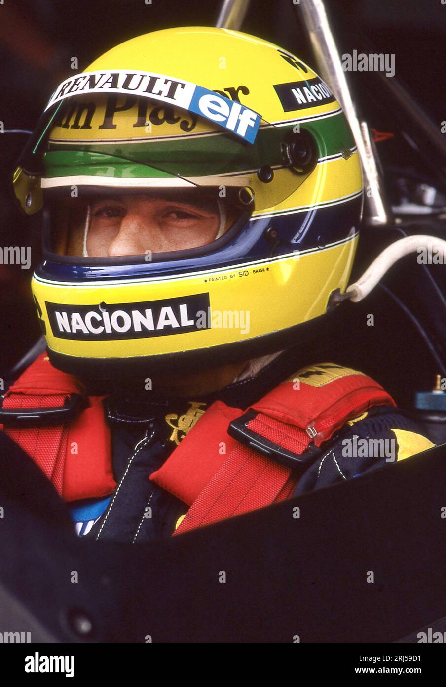 Ayrton Senna fuhr einen Lotus Renault Turbo beim Großen Preis von Portugal 1985 in Estoril Stockfoto