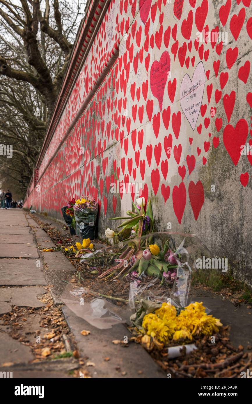Verblasste Blumen liegen an der „National COVID Memorial Wall“, einem öffentlichen Wandgemälde zum Gedenken an die Opfer der COVID-19-Pandemie im Vereinigten Königreich. Dehnen Stockfoto
