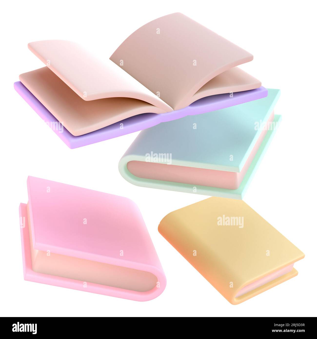 3D-Stapel von Büchern, die in die Luft fallen, und ein offenes Buchsymbol. Isoliert mit Beschneidungspfad. Bildliteratur Wiedergeben. Lesen von Bildung zurück zu sc Stockfoto