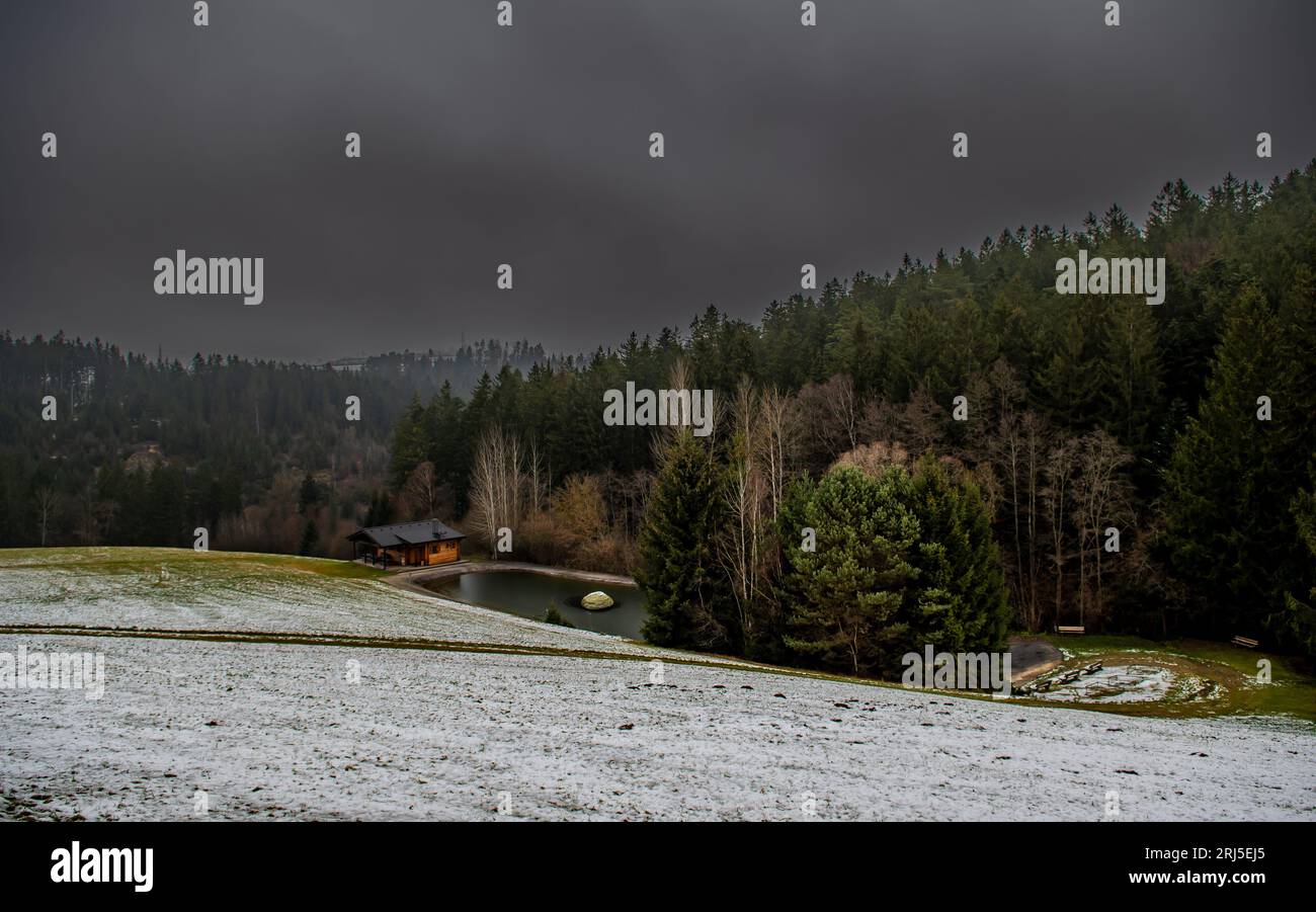 Winterlandschaft Mit Cottage Am See Und Wald In Niederösterreich (Waldviertel) In Österreich Stockfoto
