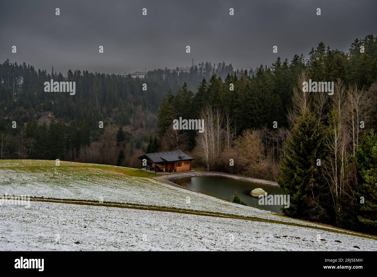 Winterlandschaft Mit Cottage Am See Und Wald In Niederösterreich (Waldviertel) In Österreich Stockfoto