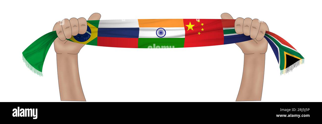 3D-Illustration. Handfahne von BRICS auf einem Stoffband-Hintergrund. BRICS ist eine Vereinigung der Weltwirtschaftsländer Brasilien, Russland, Indien, China, Stockfoto