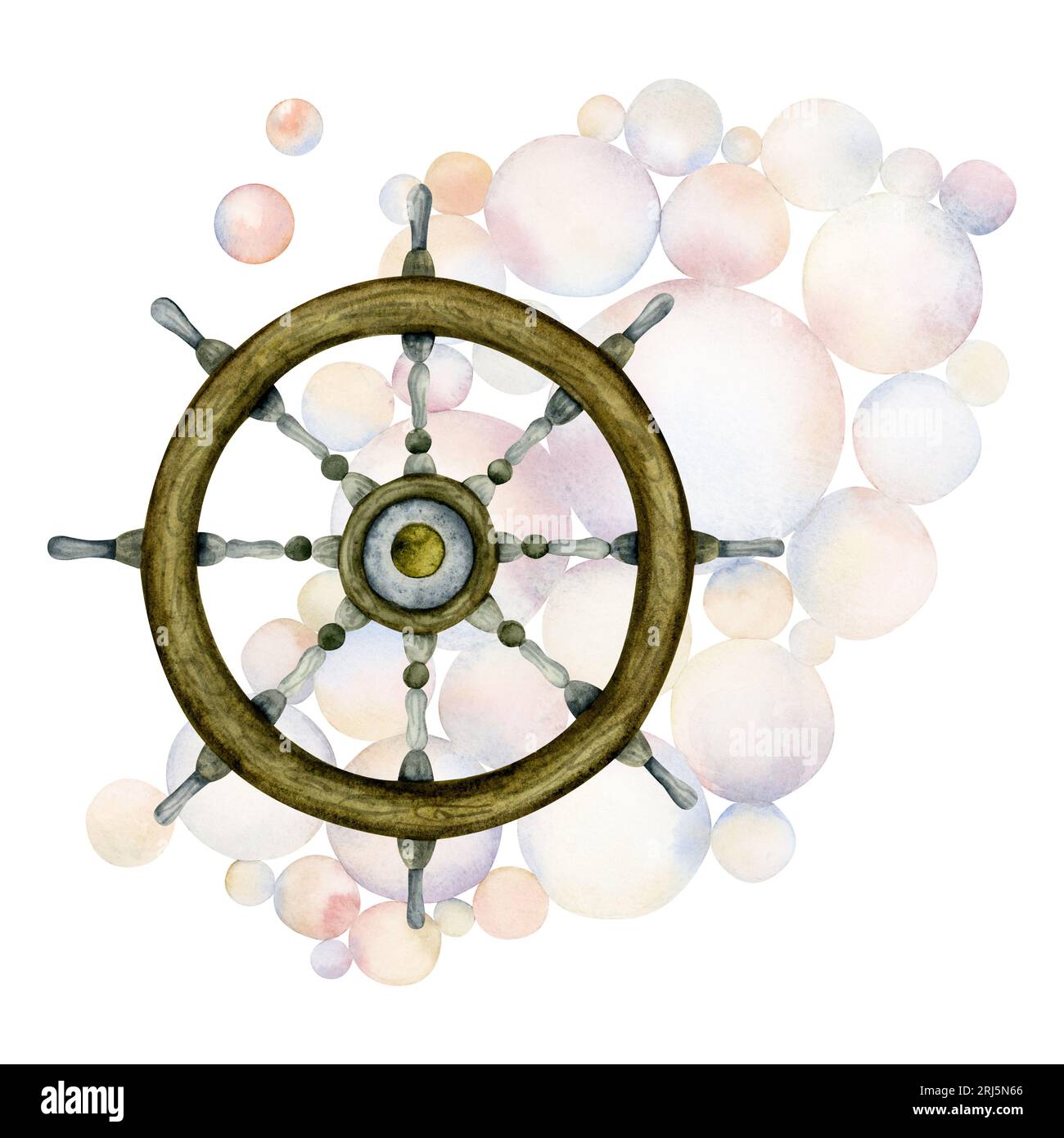 Nautisches Schiffslenkrad mit Unterwasserblasen Aquarellillustration. Maritimes dekoratives Reiseelement Stockfoto
