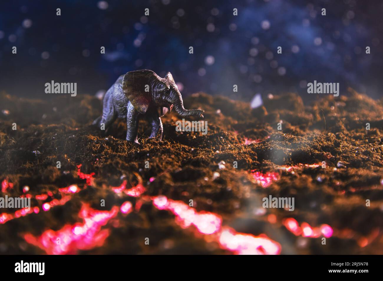 Elefant spaziert auf brennender Lava. Kreative Landschaft mit einer kleinen Miniatur. Naturkatastrophen, das Ergebnis der globalen Erwärmung. Stockfoto
