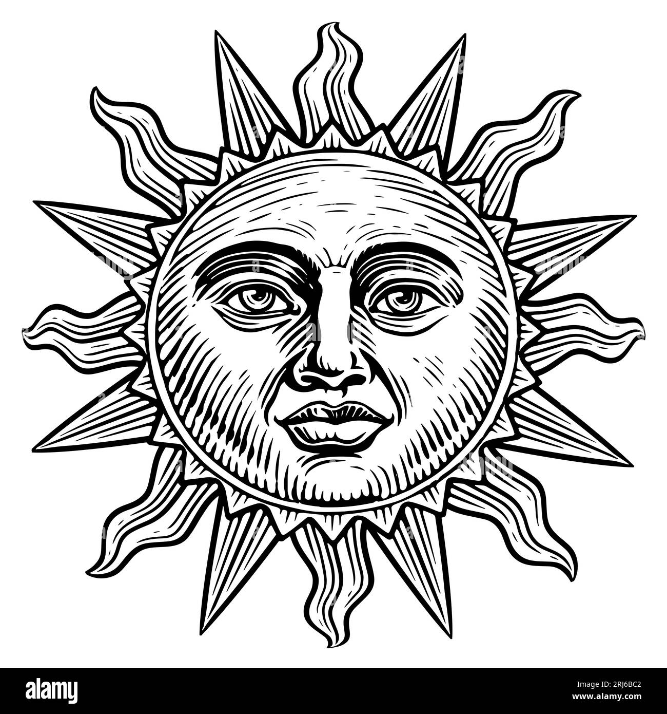 Sonne mit Flächenskizze. Astrologiesymbol. Esoterisches und okkultes Zauberzeichen. Gravur Vintage Illustration Stockfoto