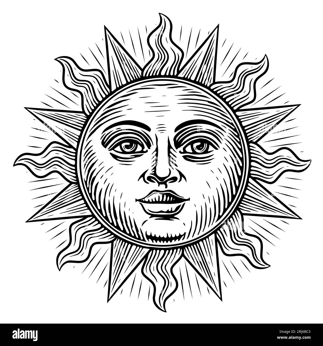 Strahlende Sonne mit einem Gesicht. Handgezeichnete Illustration im Boho-Stil für mystisches Design, Tarotkarten, Tattoo und Aufkleber Stockfoto