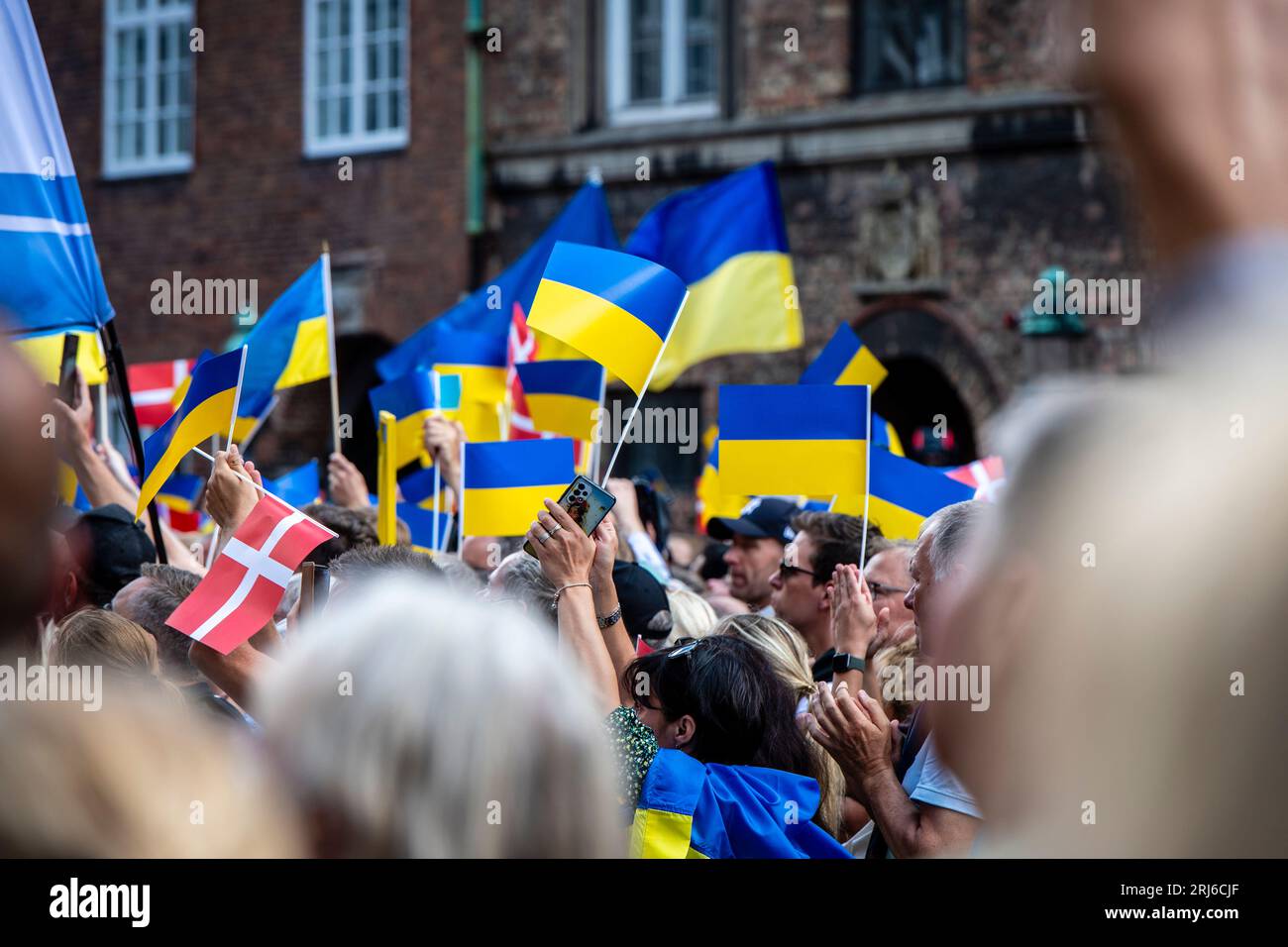 Kopenhagen, 21. August 2023 / Matthew James Harrison der ukrainische Präsident Zelensky hielt eine öffentliche Rede über die Schritte des dänischen Parlaments, Folketinget. Stockfoto