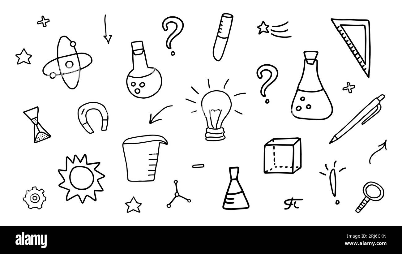 Doodle zum Thema Wissenschaft, Forschung und Bildung, Chemie, Astronomie, Mathematik, Physik, Geometrie und andere Wissenschaften. Laborwerkzeuge Stock Vektor