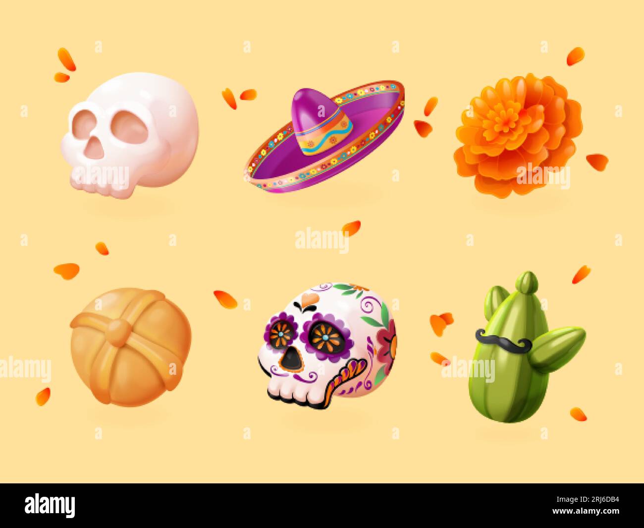 3D-Tag tote Elemente. Dia de muertos mexiko national erinnern Symbol, Zucker catrina Schädel Ringelblume Blütenblatt Sombrero mexikanisch für den Tod halloween Feier, Vektor-Illustration der mexikanischen lateinischen Kultur Stock Vektor