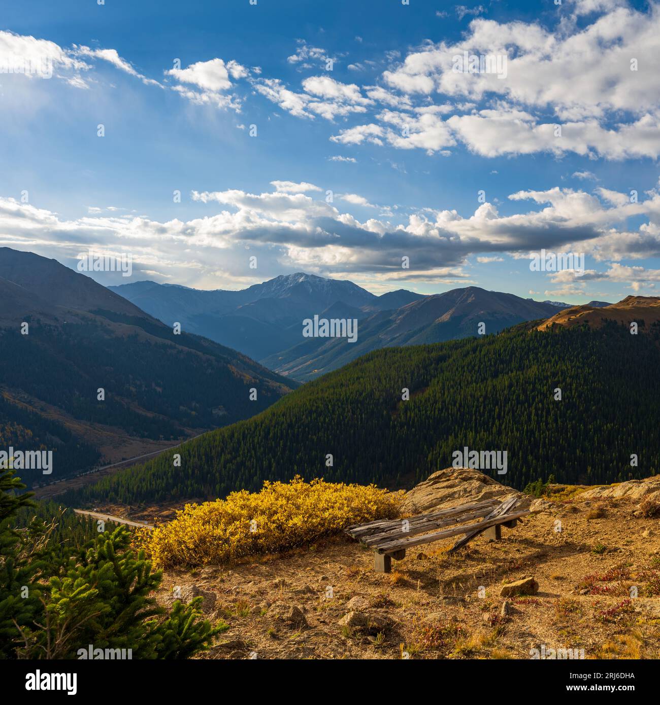 Ein Luftblick auf den Independence Pass in Colorado, umgeben von üppiger Vegetation Stockfoto