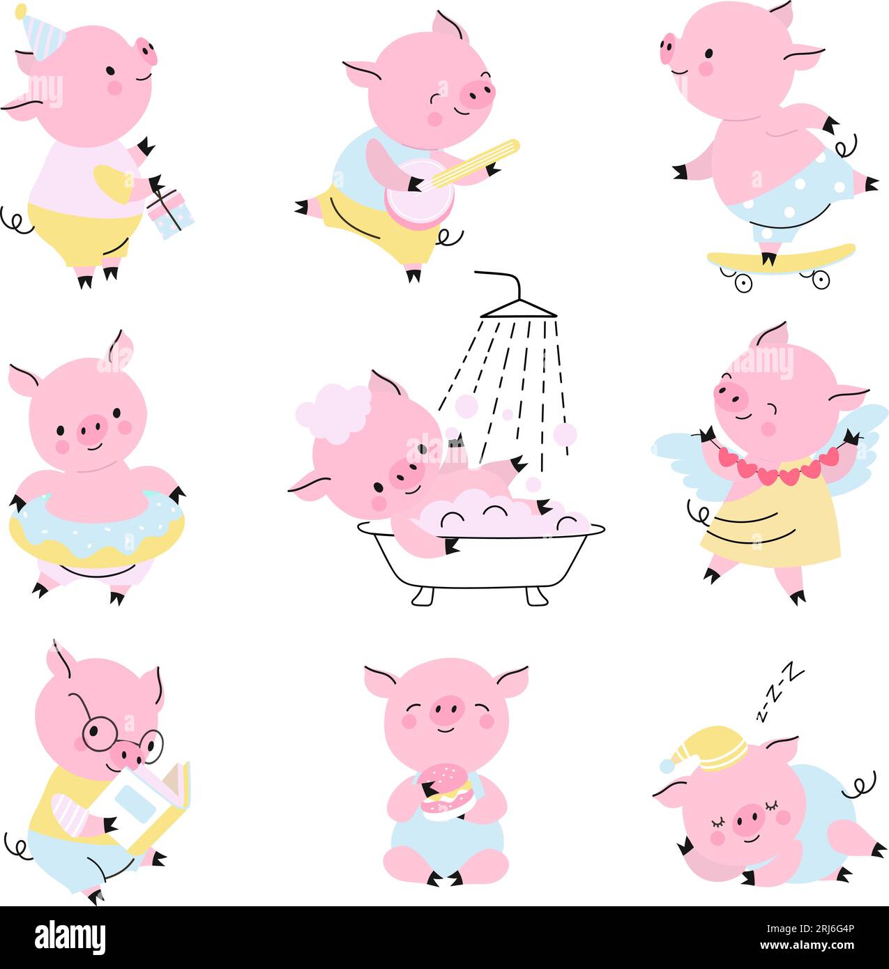 Niedliche Schweine, niedliche Aktivitäten. Schweinekartuschfiguren, lustige kindliche isolierte Farmtiere in verschiedenen Stellungen, Lesen, tanzendes Nowaday-Vektorset Stock Vektor