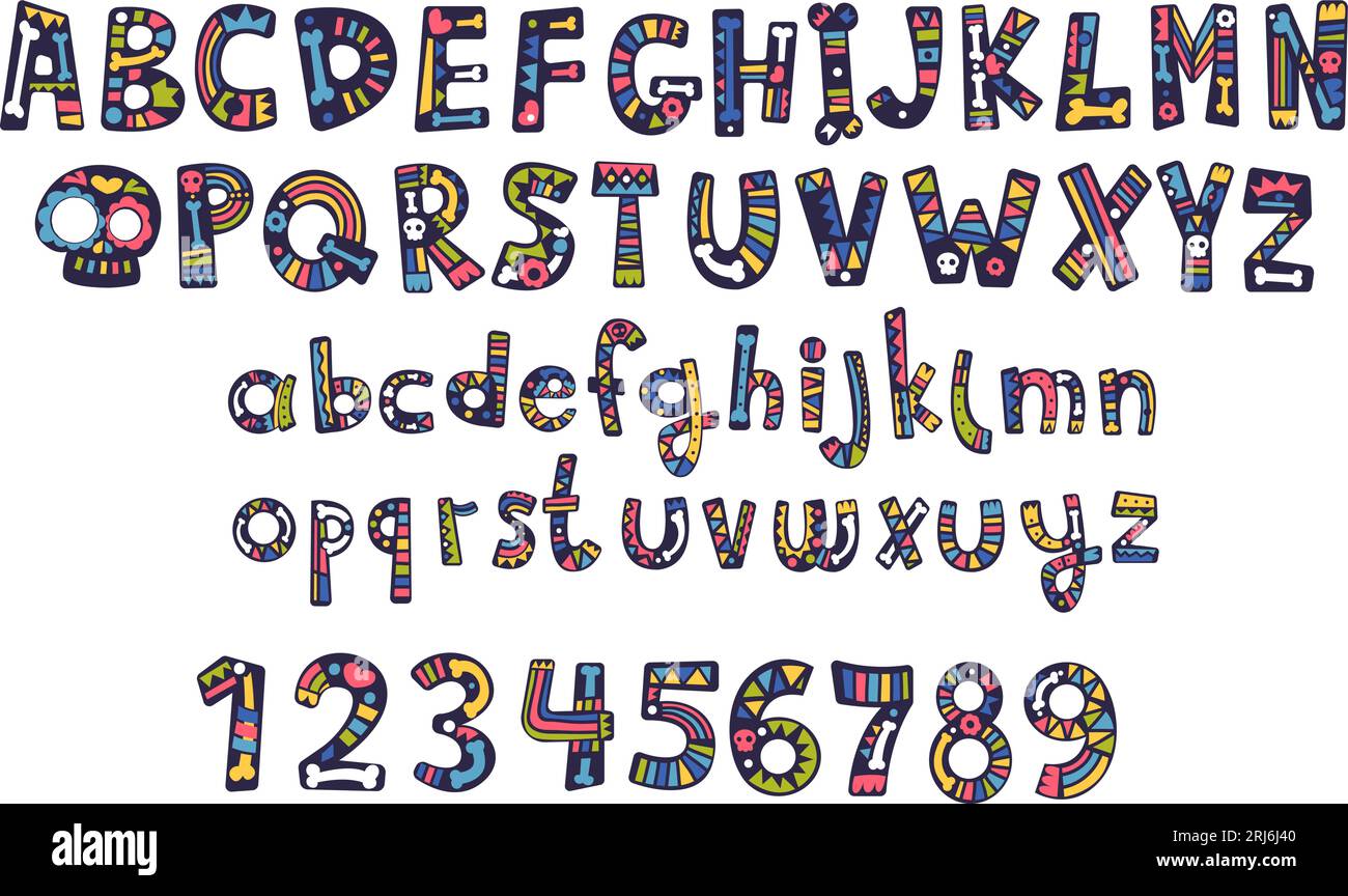 Comic mexikanische Schriftart. Fiesta Schriftart Tag tot süßes Alphabet, bunte Buchstaben und Zahlen für Schule Typografie festliche Dekoration, Stammes Karneval Typ Vektor Illustration von Schrift und Typografie Stock Vektor